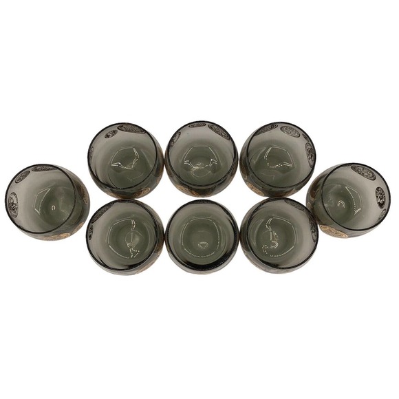Vintage Roma Coins by FEDERAL GLASS Smoke Grey Roly Poly Barware Glass Set of 8